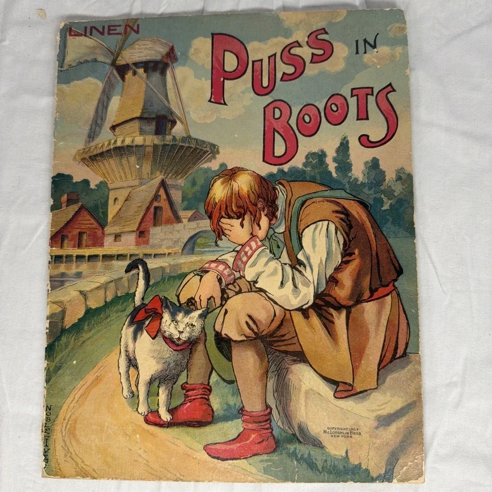 Antique Puss in Boots Linen Book 1907 McLoughlin Bros Home Series Vintage